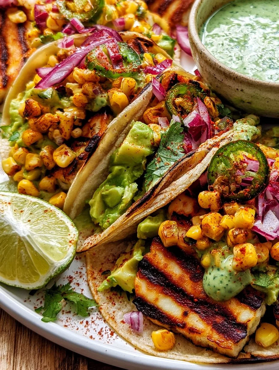 Halloumi tacos served with corn salad and cilantro sauce for a delicious meal