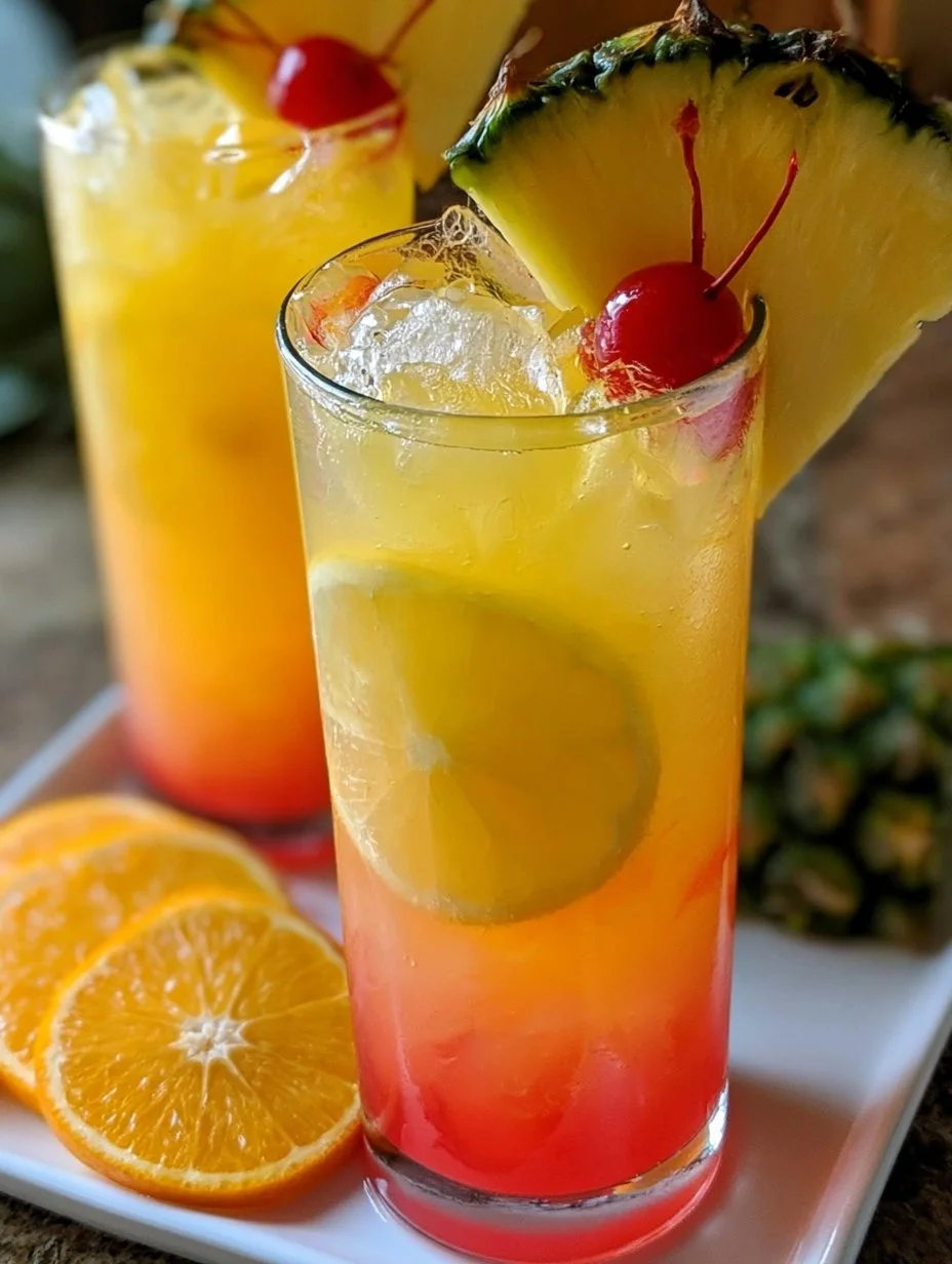Colorful Hawaiian Party Punch in a tropical setting with fruit garnishes