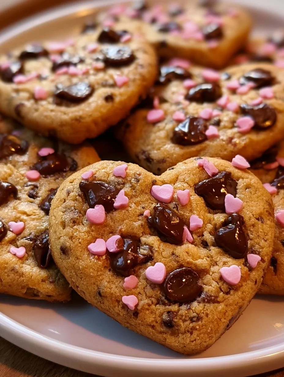 Heart shaped chocolate chip cookies freshly baked and decorated