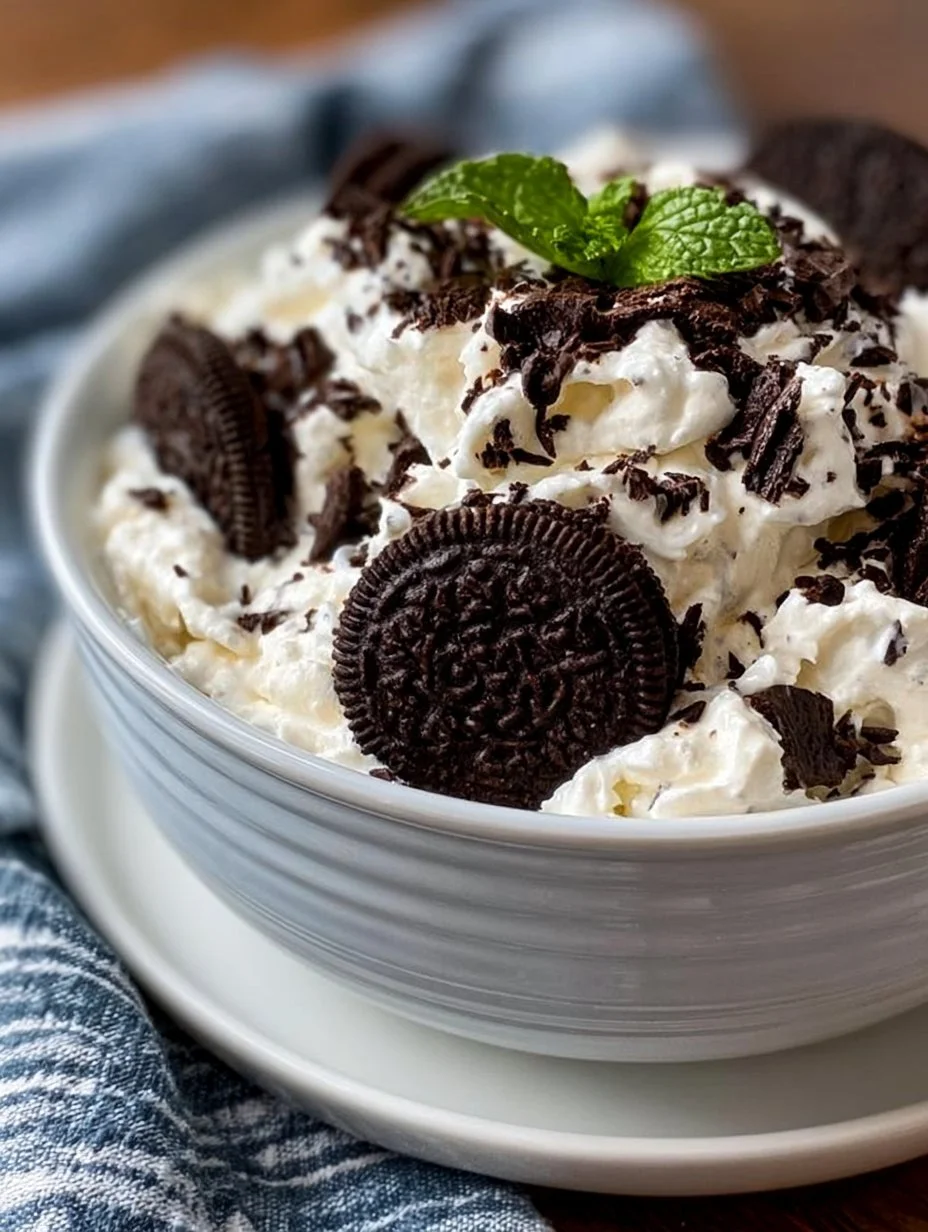 High Protein Oreo Fluff dessert in a bowl