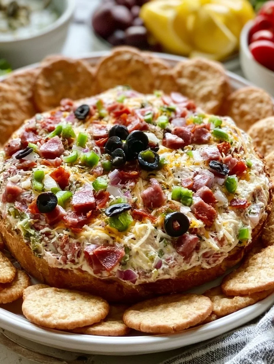 Delicious hoagie dip served in a bowl with crackers and veggies