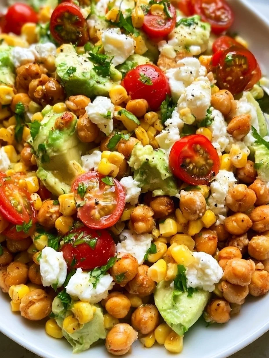 Honey roasted chickpea and avocado salad in a bowl, colorful and nutritious.