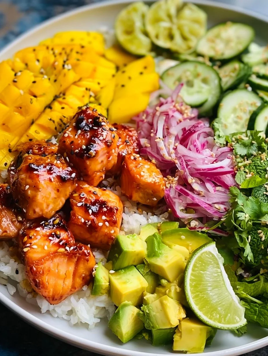 Hot Honey Salmon Bowls served with fresh Mango Salad