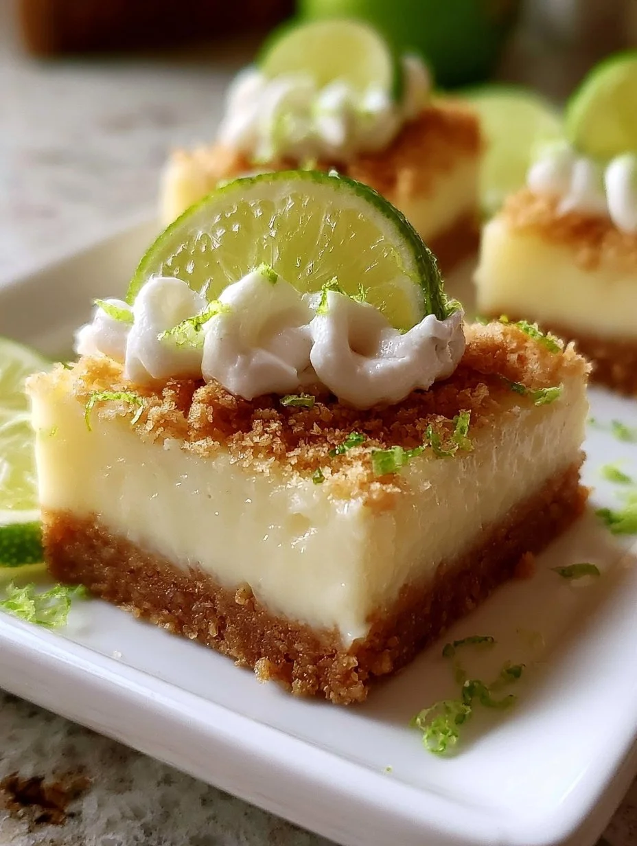 Delicious Key Lime Pie Bars garnished with lime slices and whipped cream.