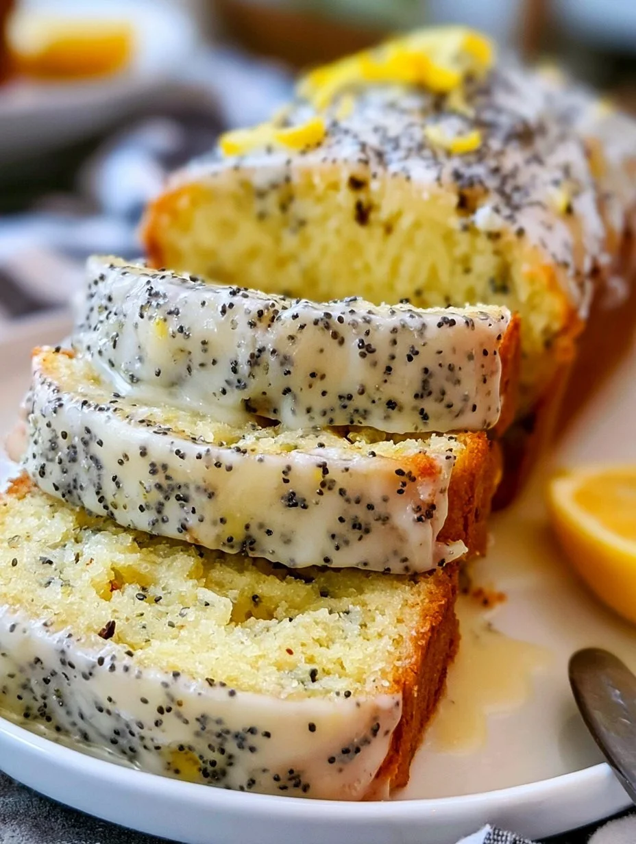 Freshly baked Lemon Poppyseed Loaf Cake with lemon glaze and poppy seeds