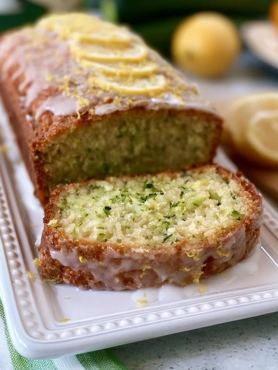 Sliced lemon zucchini bread on a wooden cutting board with lemon slices
