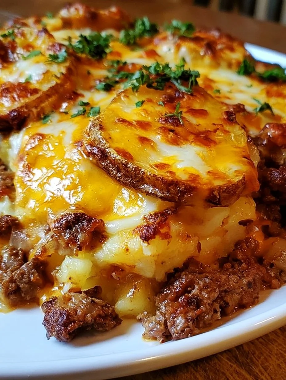 Delicious Loaded Beef & Potato Bake topped with cheese and herbs