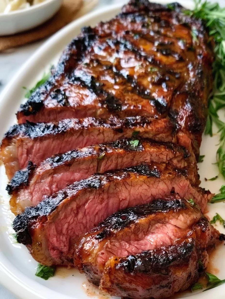 Juicy marinated grilled steak on a barbecue grill, garnished with herbs.