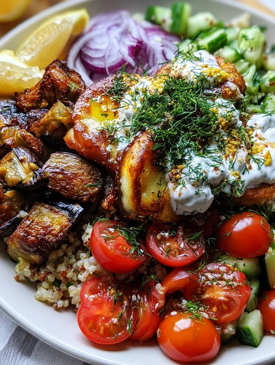 Mediterranean eggplant and halloumi bowls with lemon-dill sauce