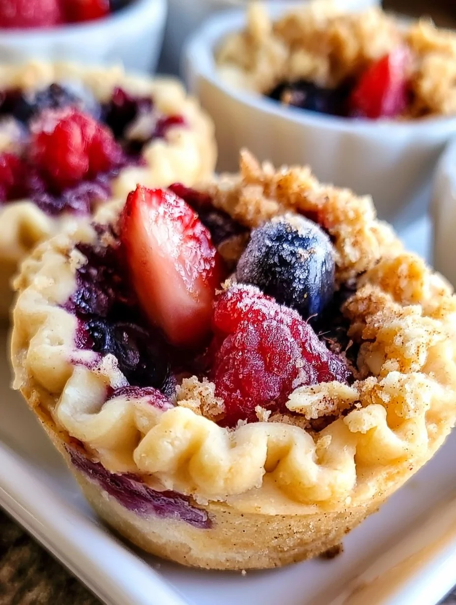 Delicious mini berry pies displayed on a rustic wooden table.