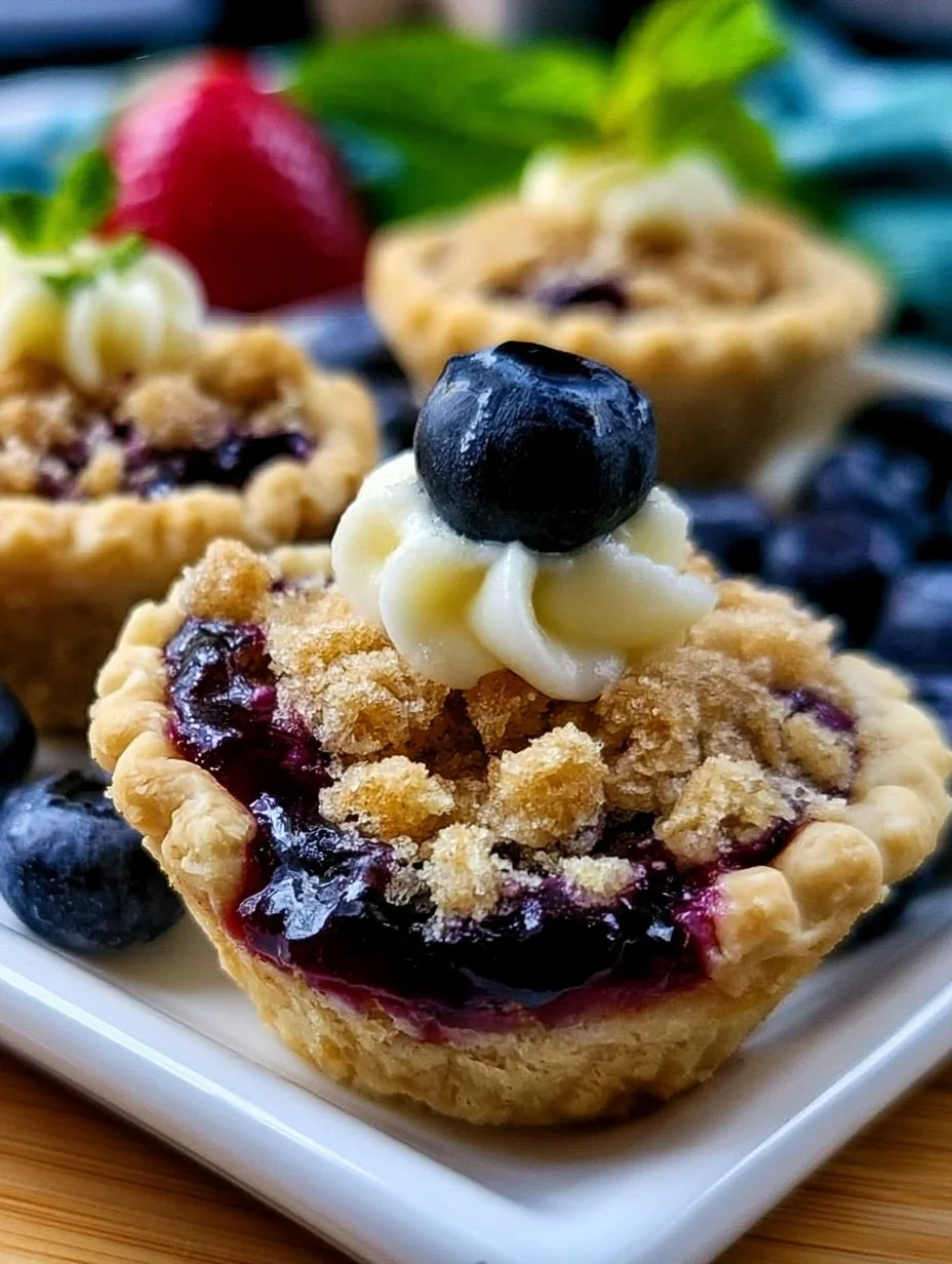 Delicious mini blueberry pies topped with fresh blueberries on a white plate.