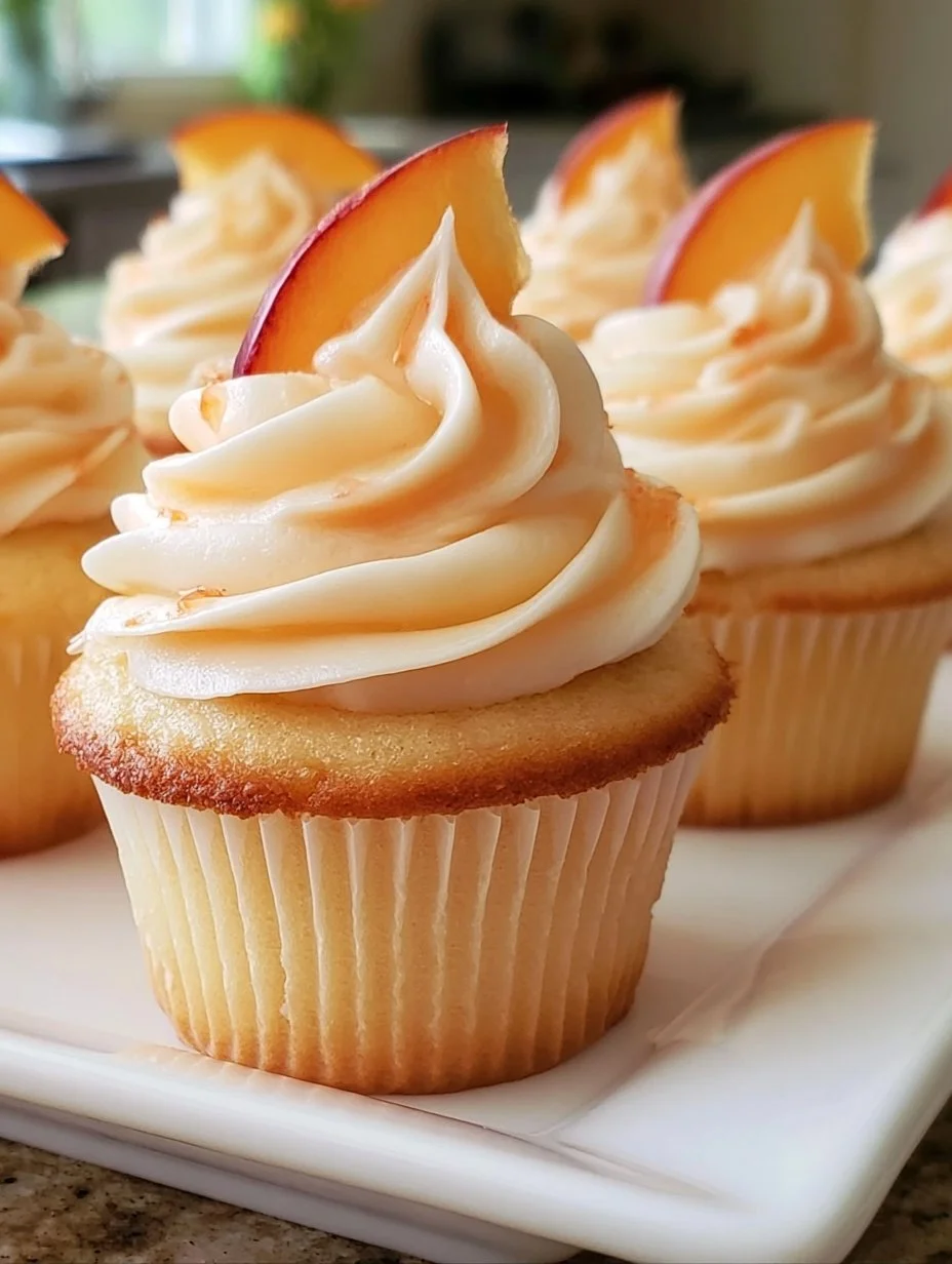 Delicious Minute Peach Bellini Cupcakes topped with peach frosting