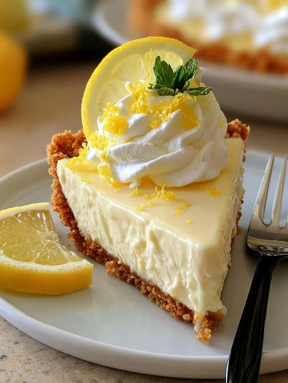 No-Bake Cream Cheese Lemonade Pie topped with lemon slices and whipped cream