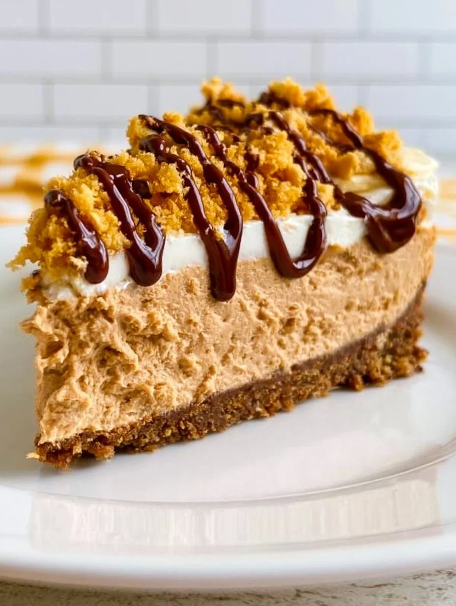 No bake peanut butter cheesecake topped with chocolate and peanuts