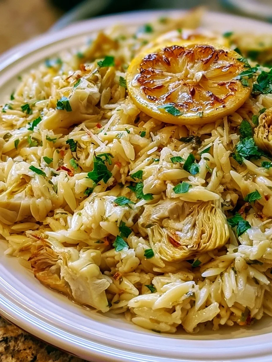 Dish of orzo with lemon and artichokes garnished with herbs