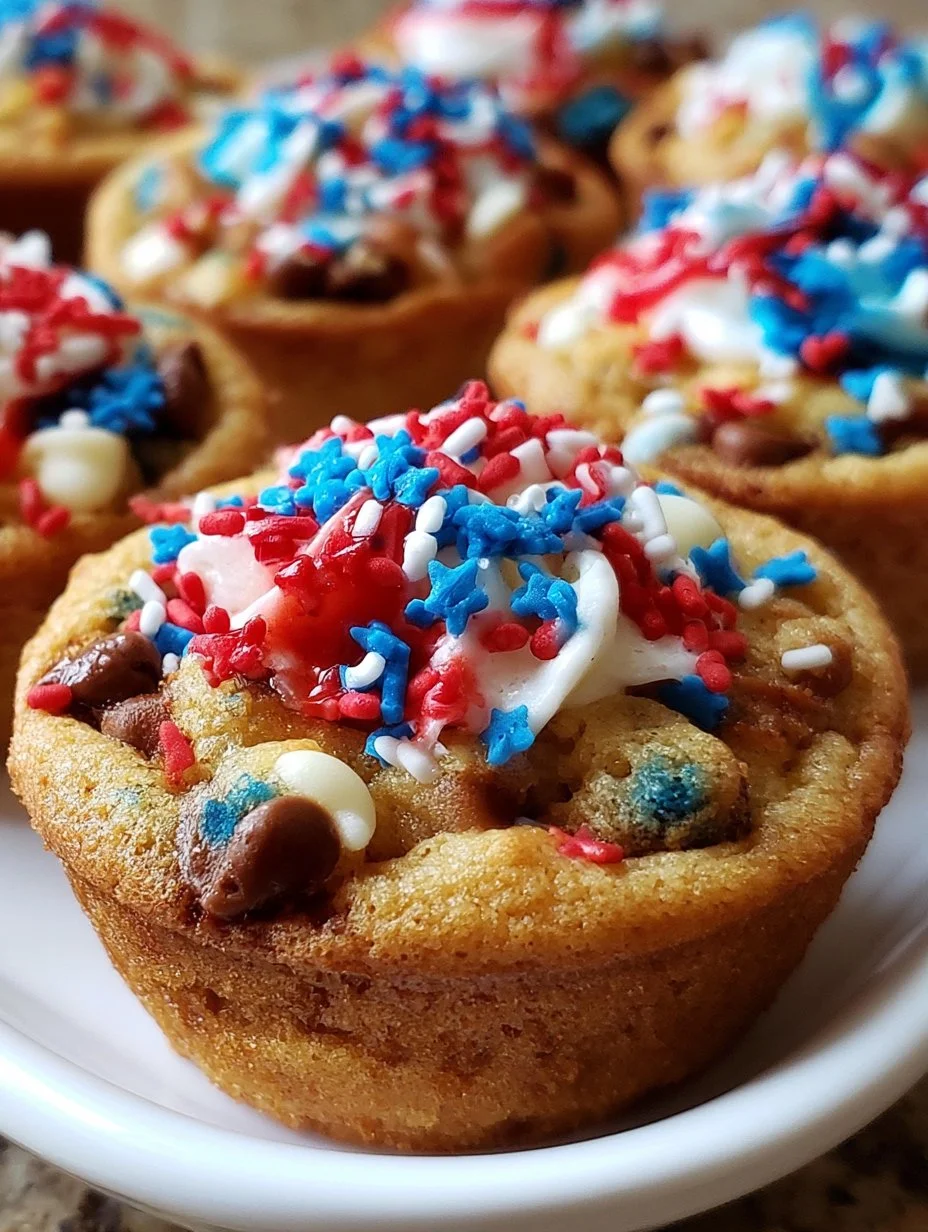 Patriotic chocolate chip cookie cups decorated with red, white, and blue toppings