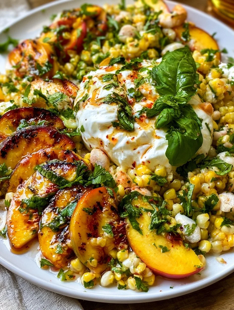 Fresh Peach Burrata Salad with arugula and balsamic drizzle