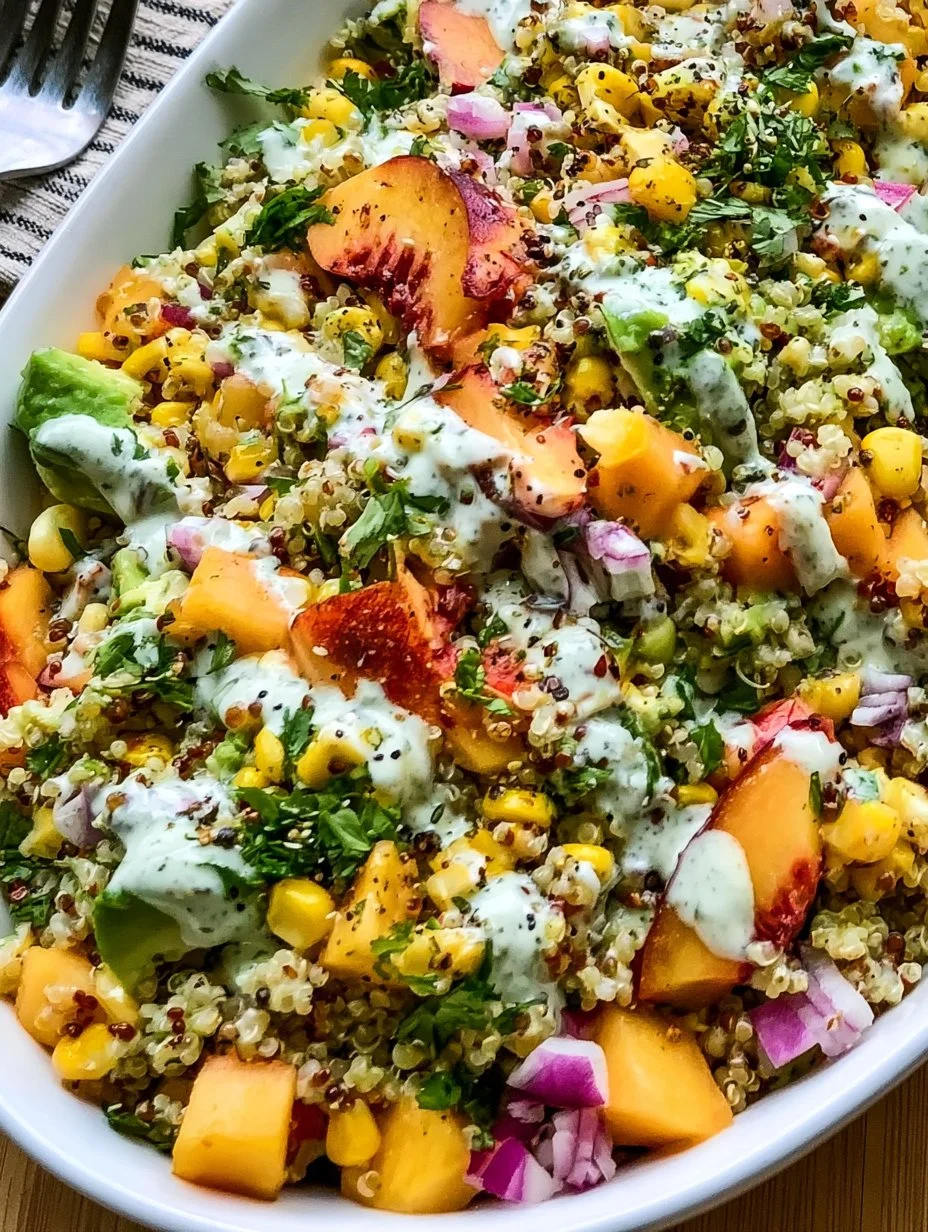 Peach and Corn Quinoa Salad with Cilantro Ranch served in a bowl
