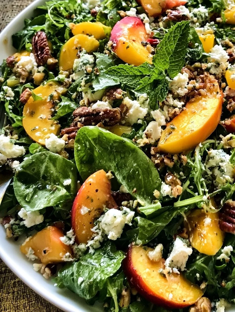 Peach and Goat Cheese Salad topped with creamy white balsamic dressing