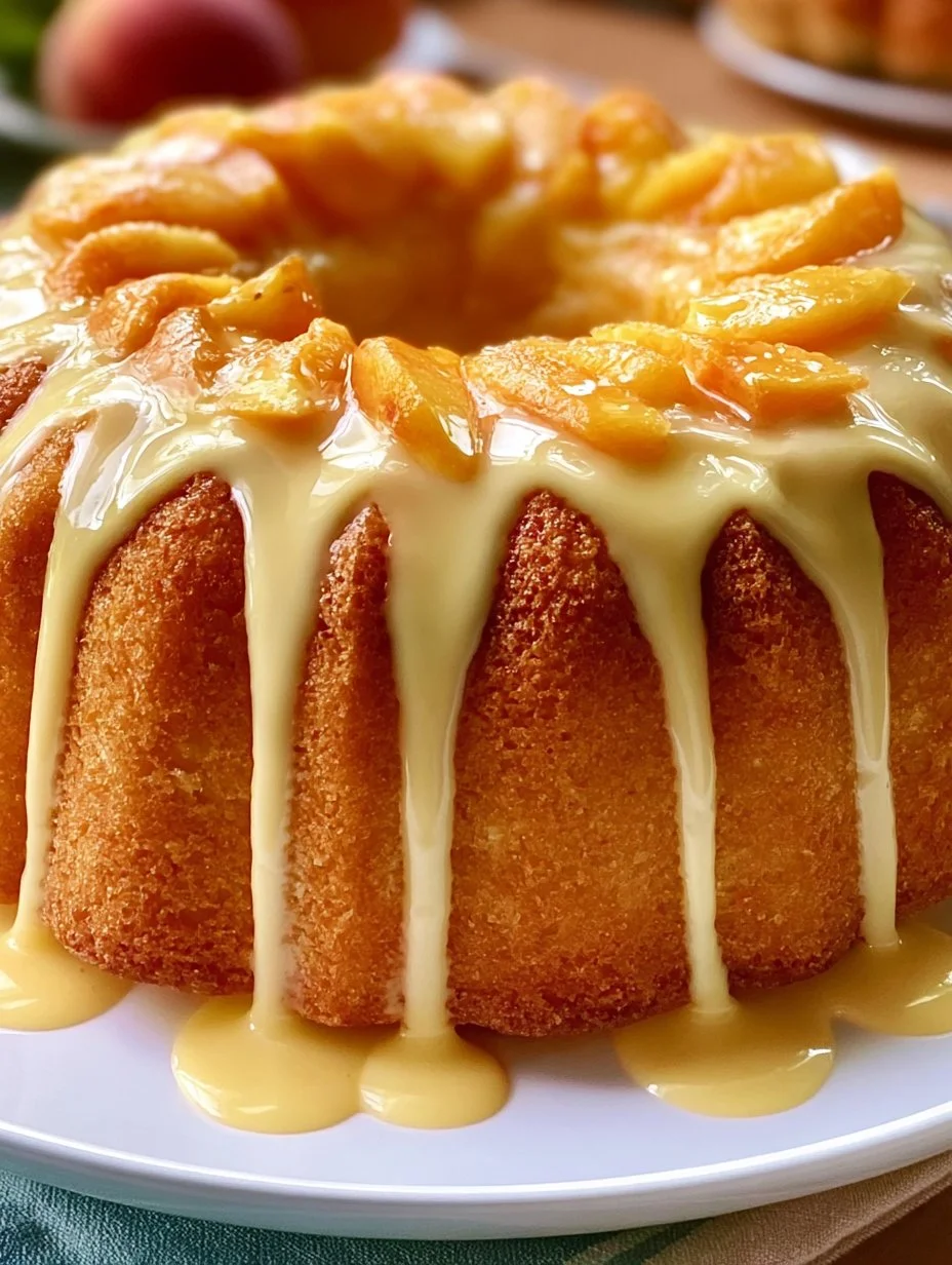 Slice of Peach Buttermilk Pound Cake with fresh peaches on top