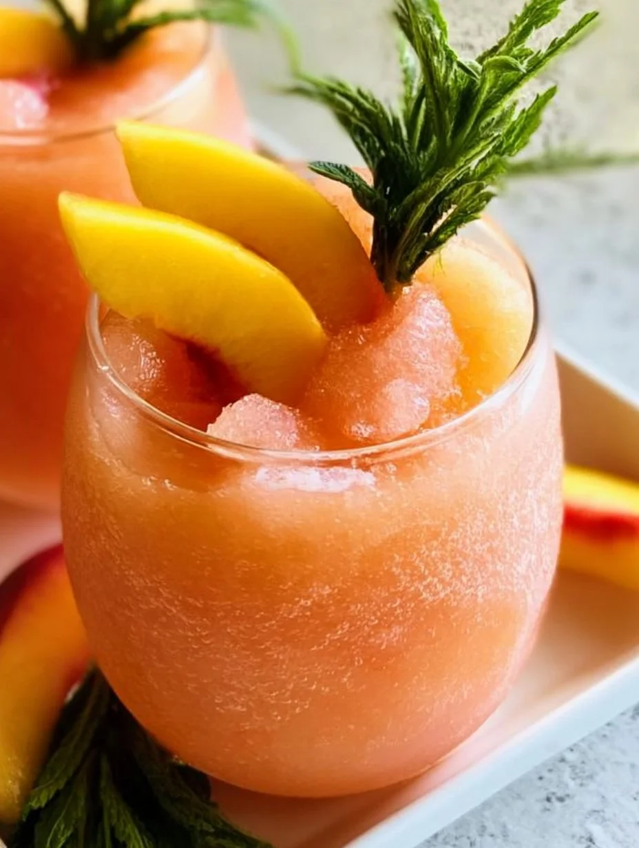 Refreshing Peach Frosé Cocktail in a glass with peach slices
