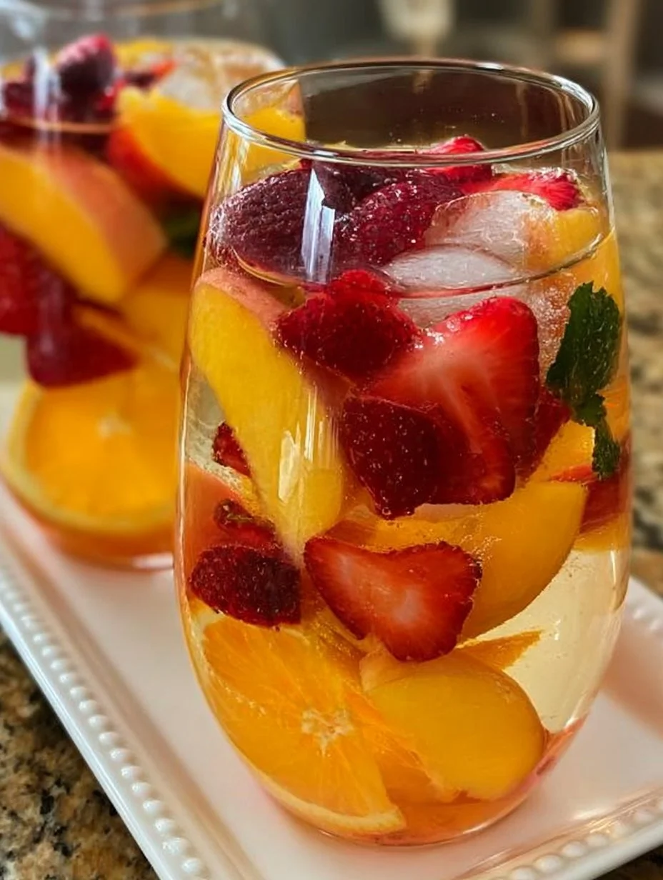 Delicious Peach Sangria served with fresh peaches and fruit garnishes