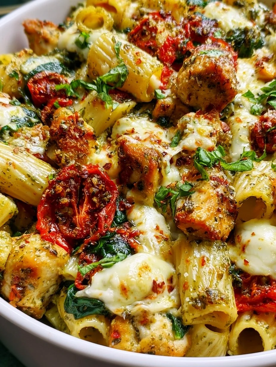 Pesto chicken pasta bake topped with fresh herbs and cheese