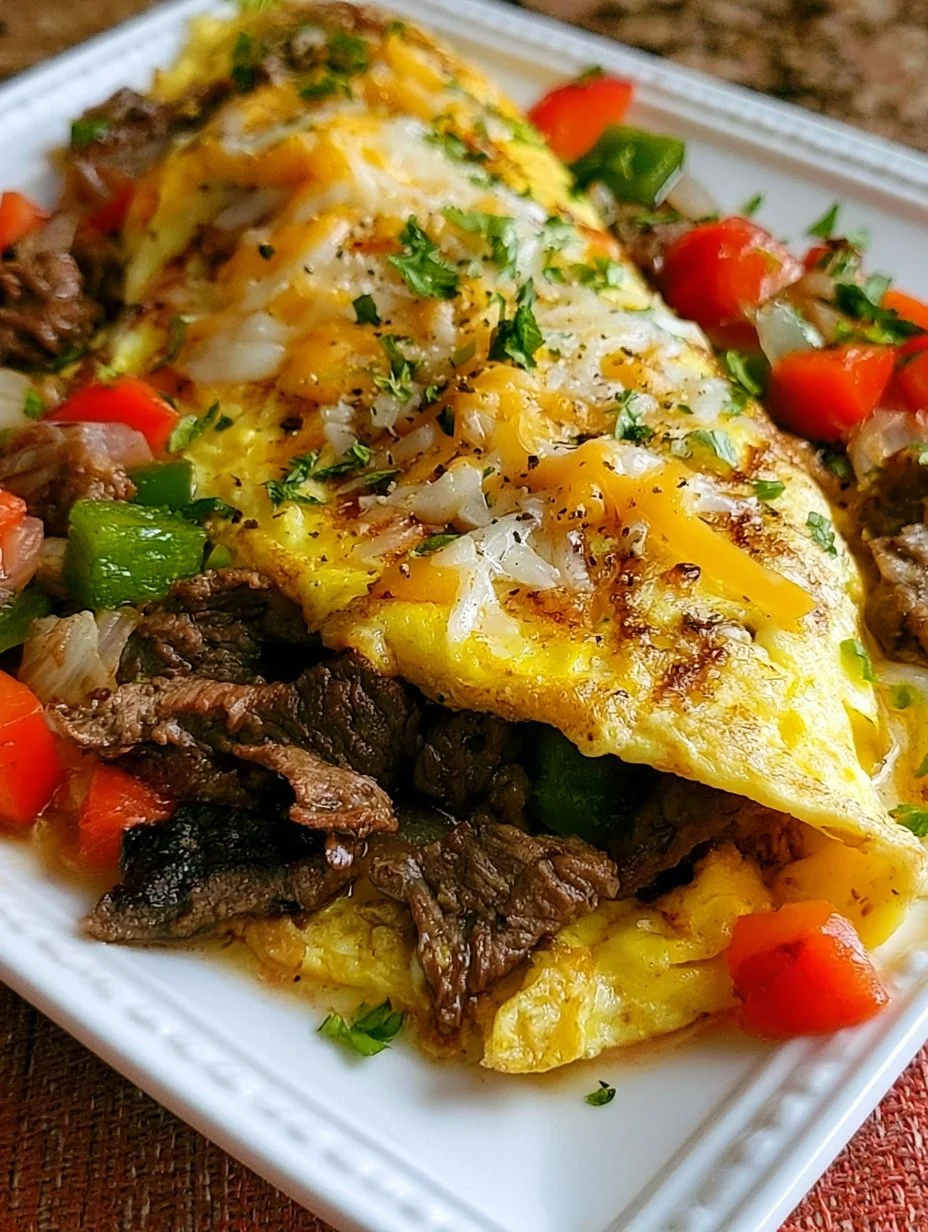 Philly cheesesteak omelette garnished with peppers and onions on a plate