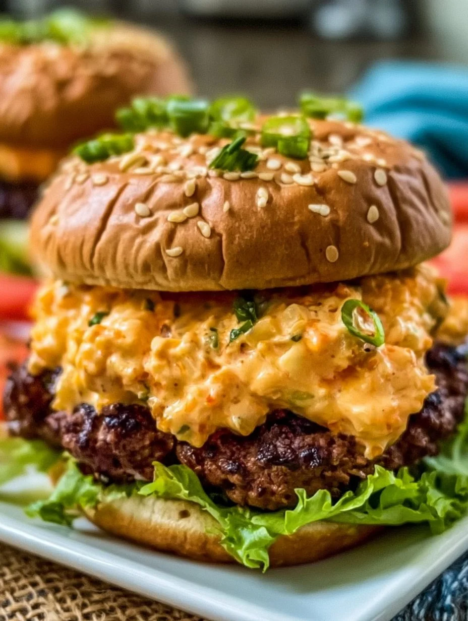 Delicious Pimento Cheeseburger with spicy cheese and fresh toppings