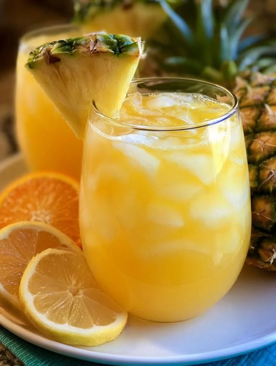 Pineapple Hawaiian Punch in a vibrant glass with tropical fruits around