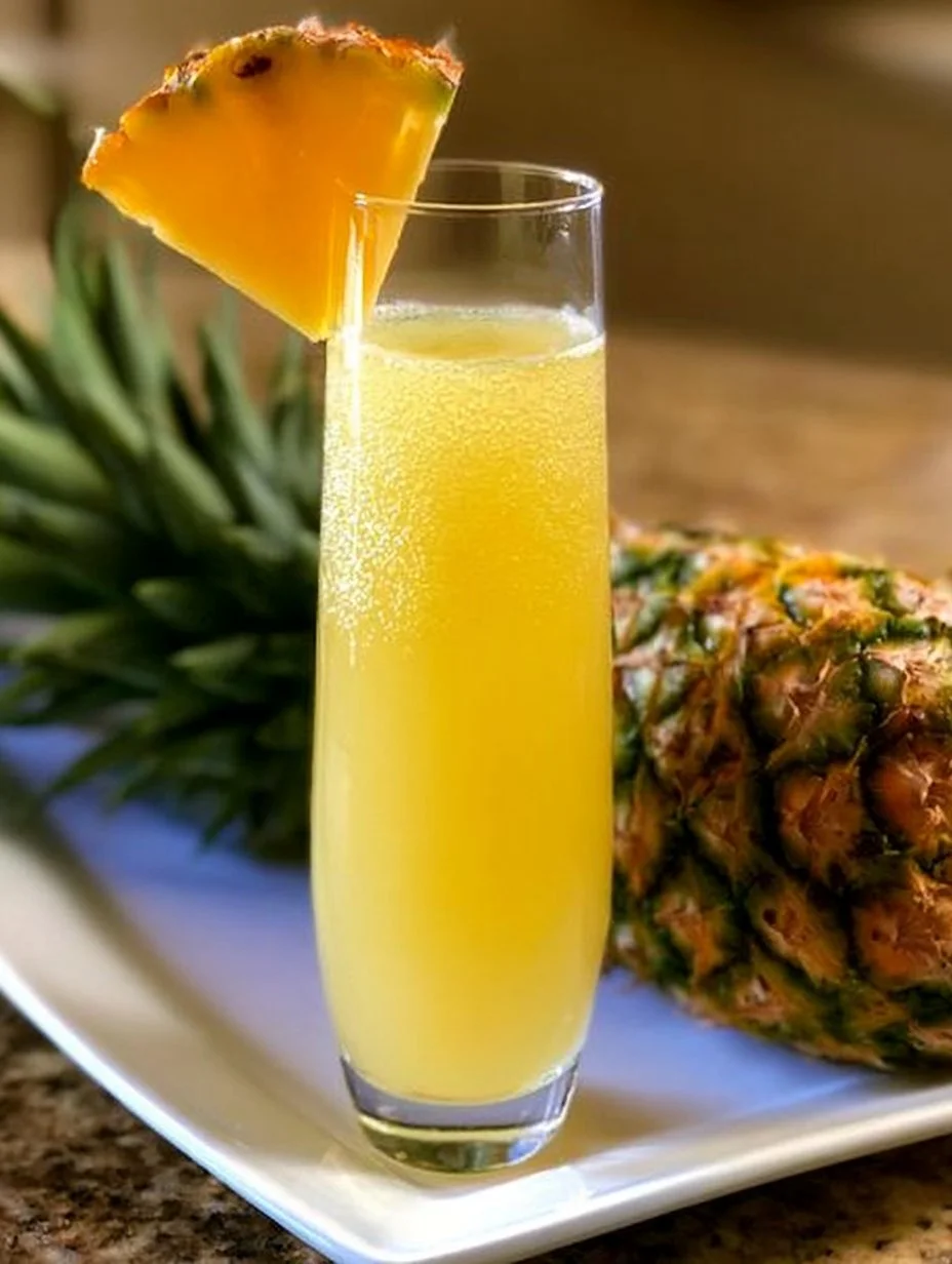 Glass of Pineapple Mimosa with fresh pineapple slices on the rim