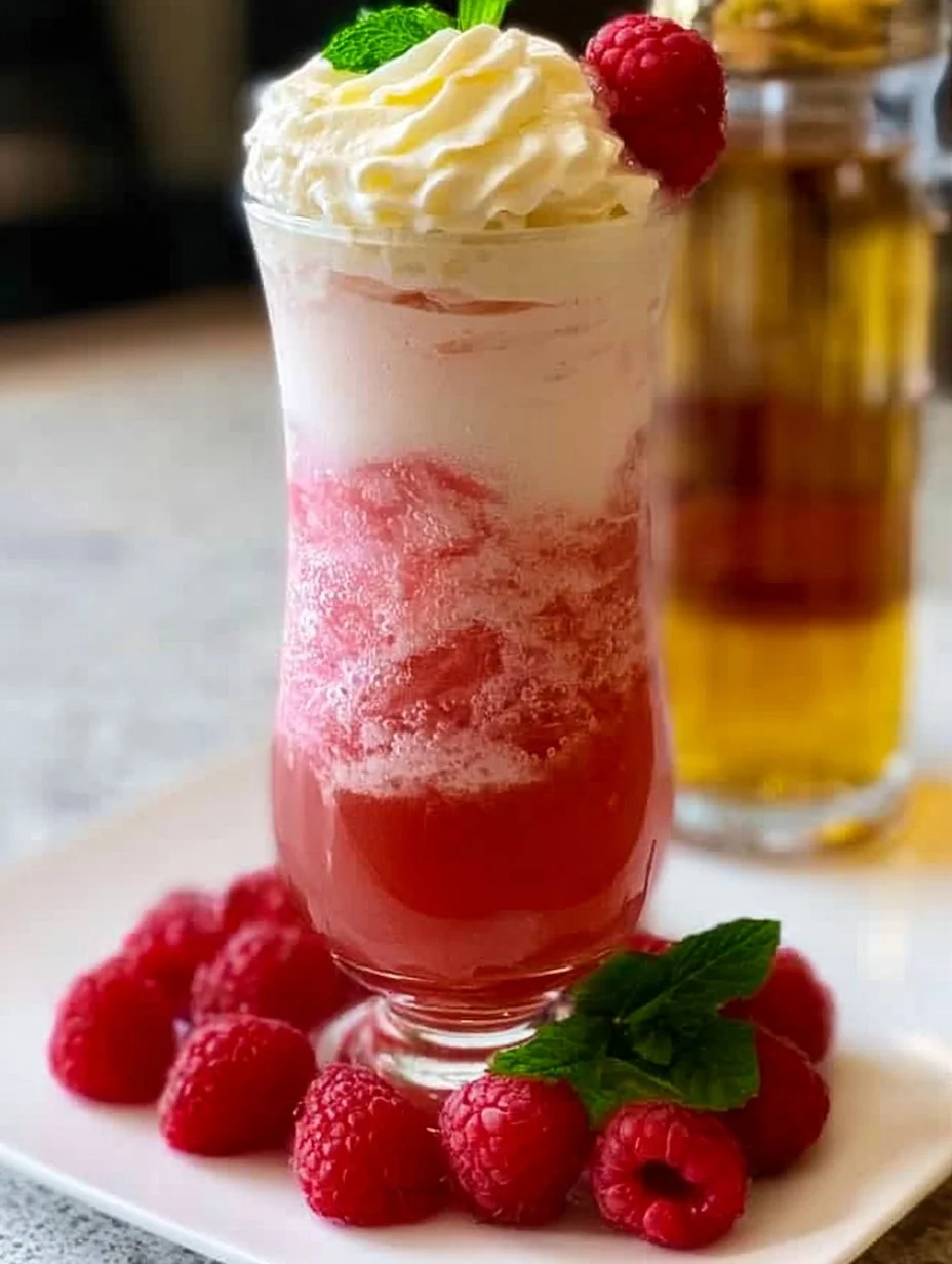 Glass of refreshing Raspberry Italian Cream Soda with whipped cream and raspberries