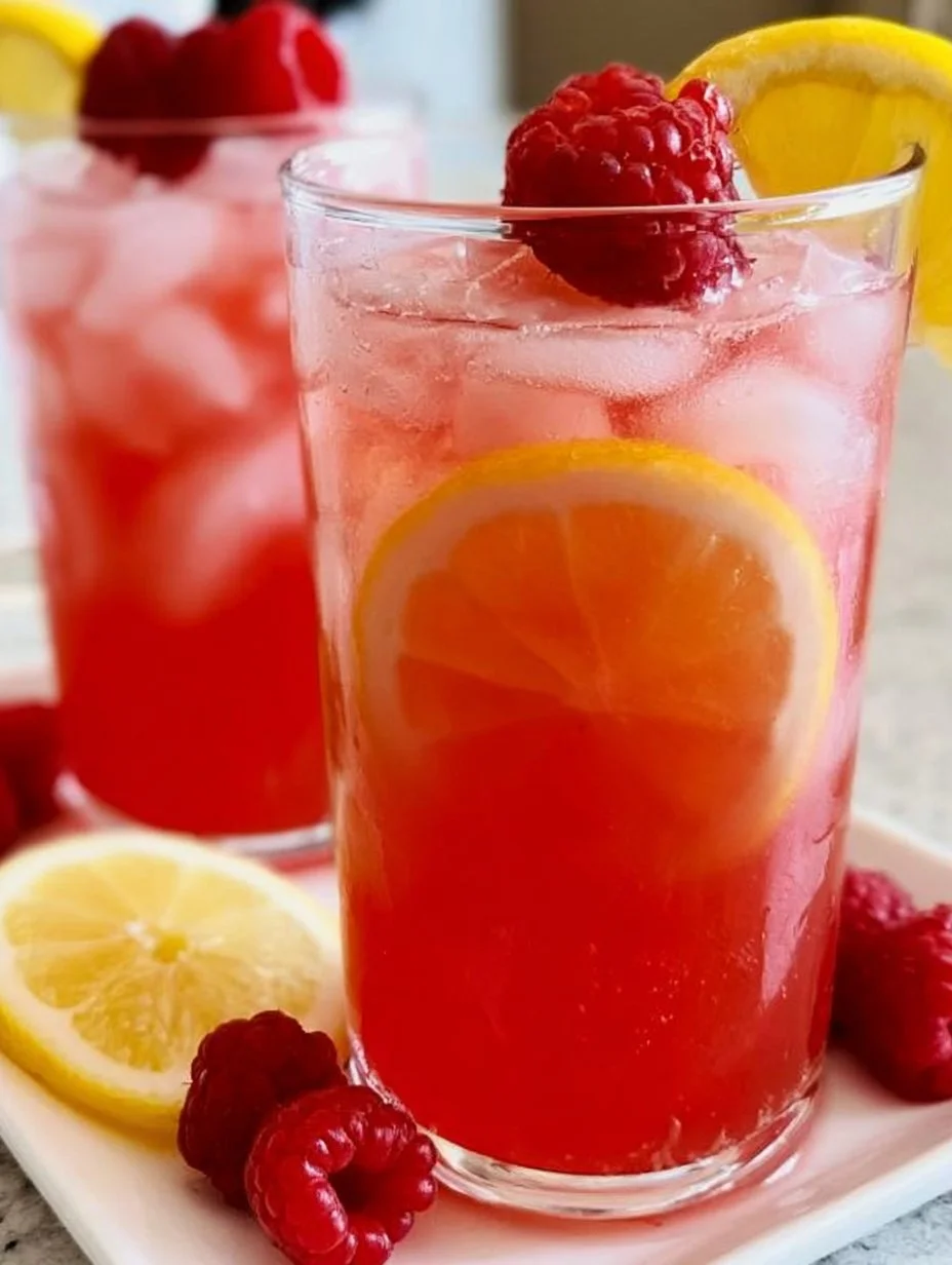 Refreshing glass of raspberry lemonade with fresh raspberries and lemon slices