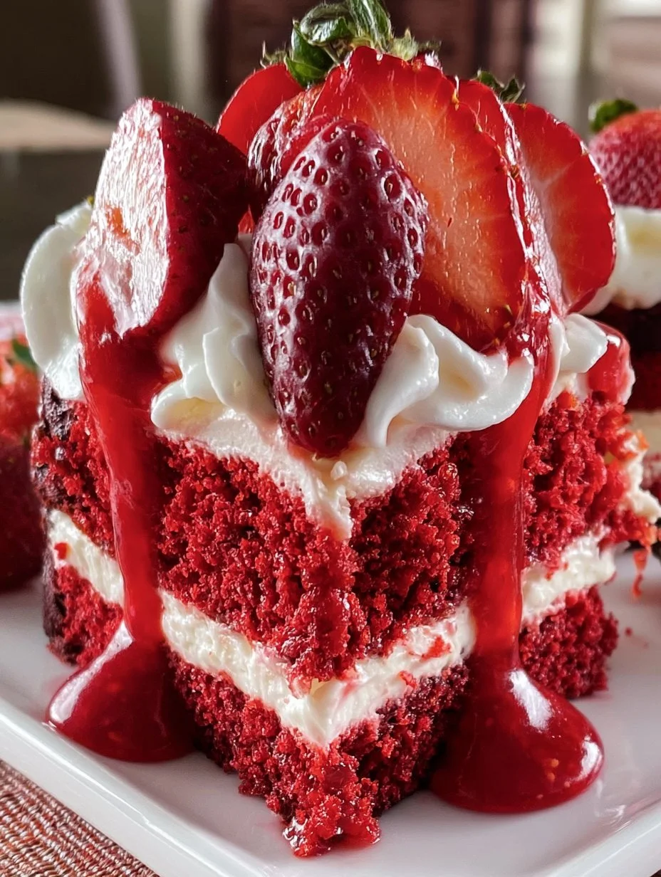 Delicious red velvet strawberry cheesecake slice with fresh strawberries on top.