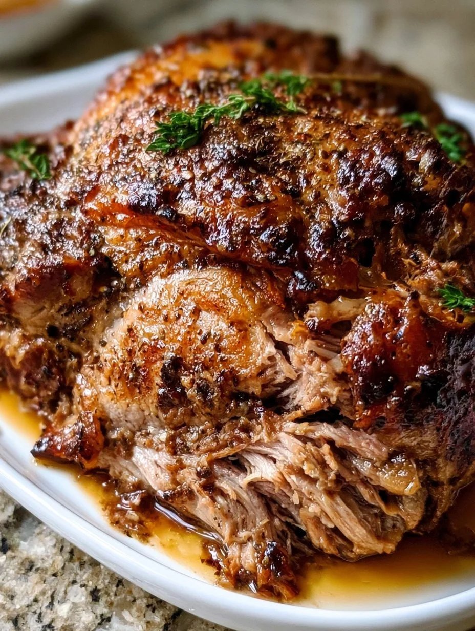 Juicy roasted pork shoulder served with vegetables on a platter