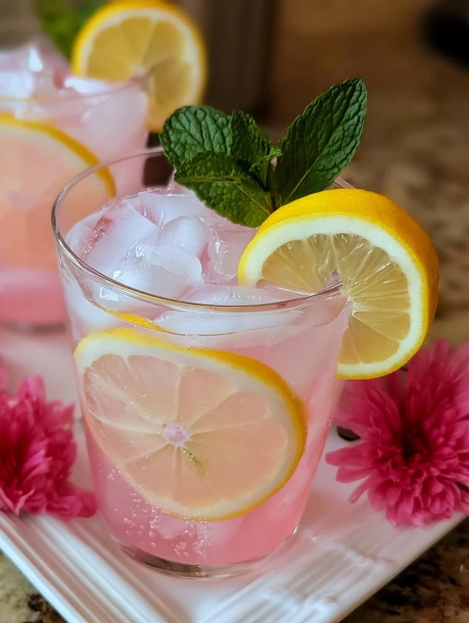 A refreshing glass of rose lemonade garnished with lemon slices and rose petals