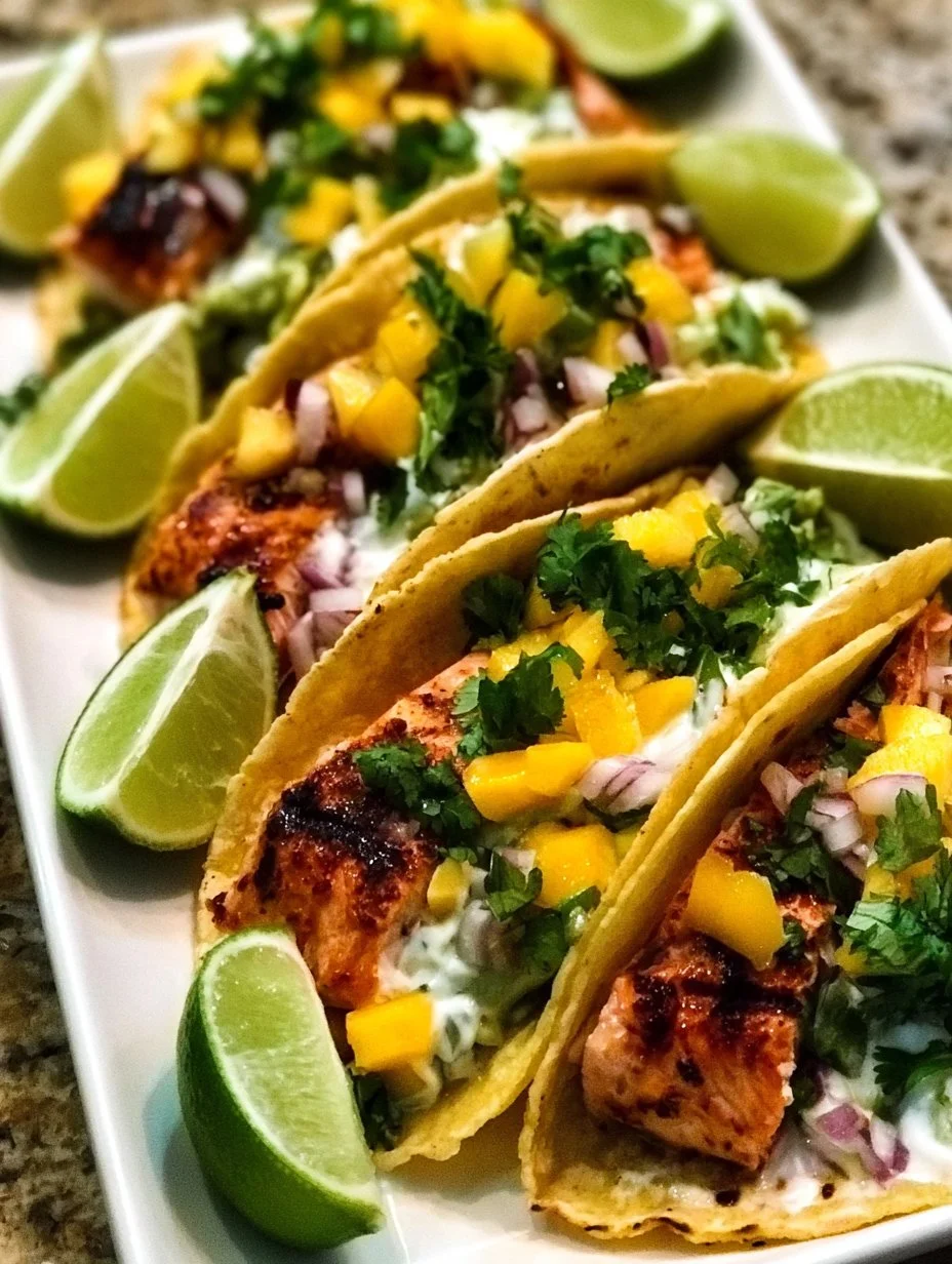 Tasty salmon tacos topped with fresh vegetables and sauce