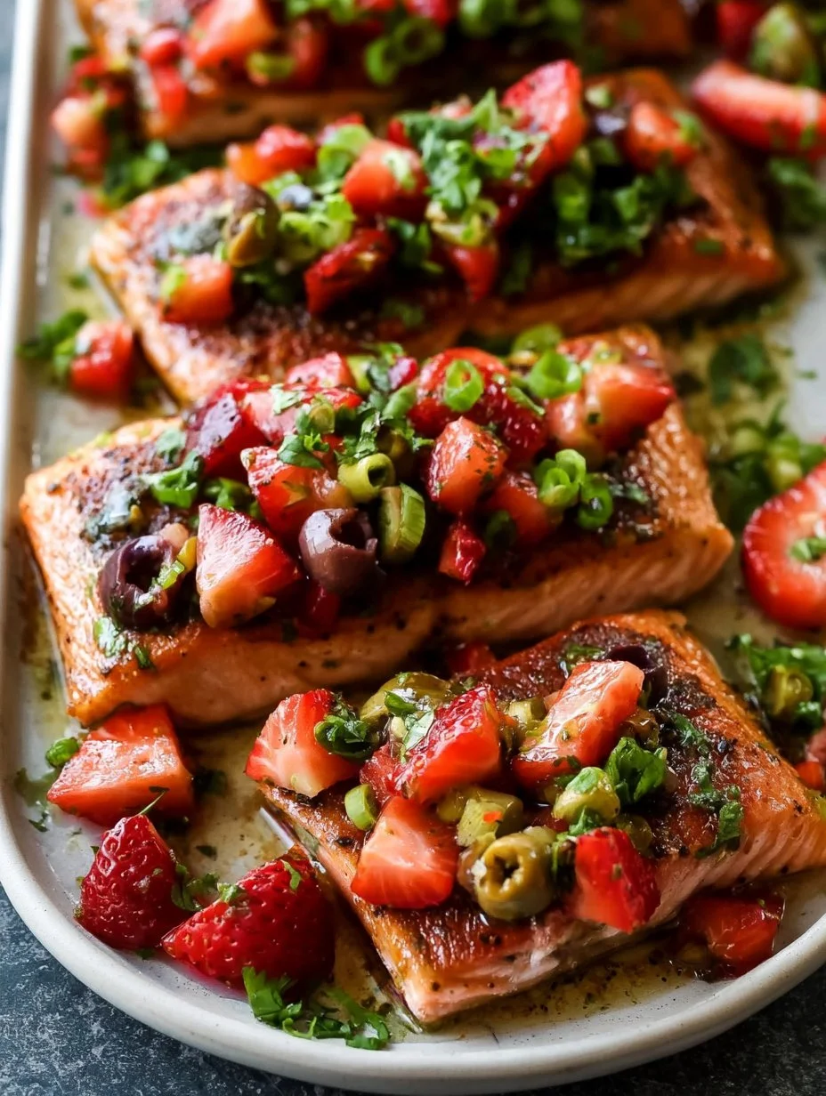 Plate of salmon topped with strawberry-scallion tapenade and garnished with herbs