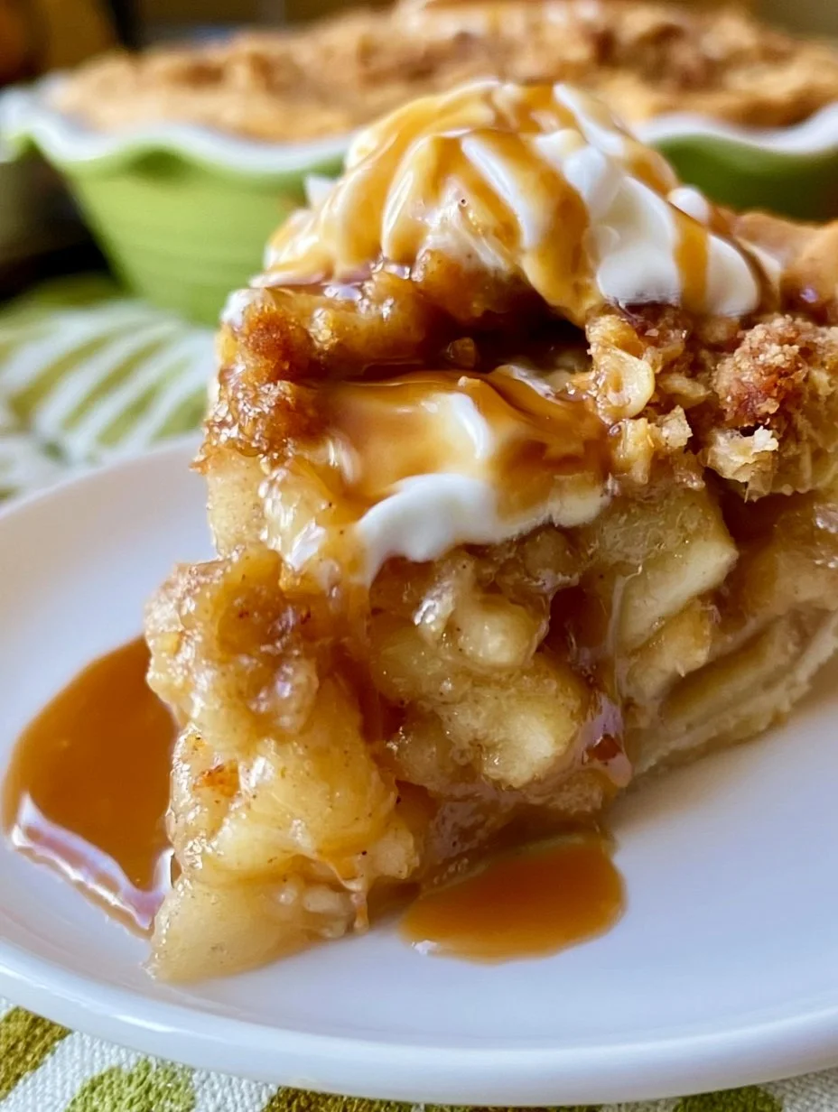 Delicious salted caramel apple pie topped with caramel drizzle and fresh apples.