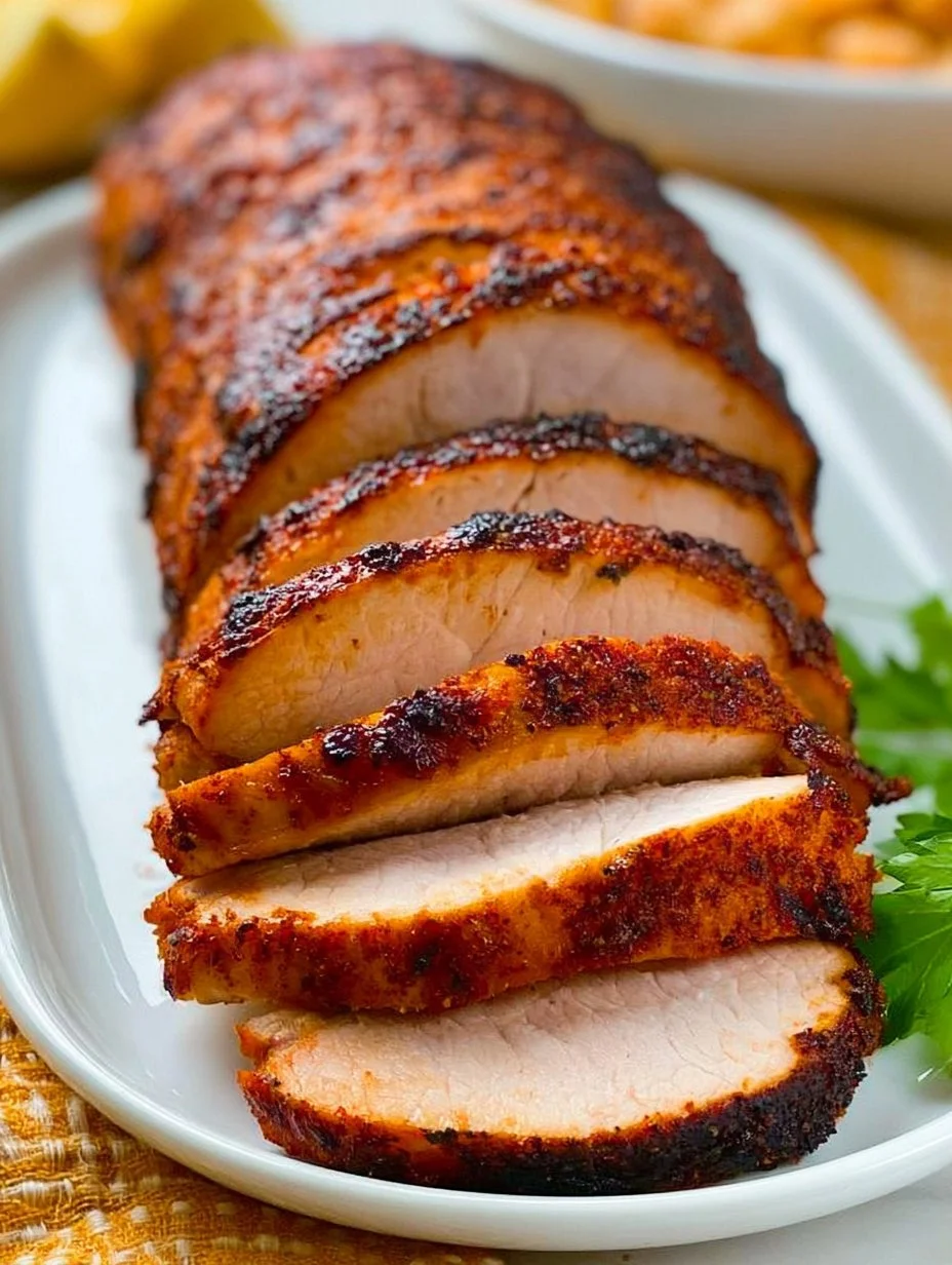 Delicious smoked pork loin served on a wooden platter with herbs