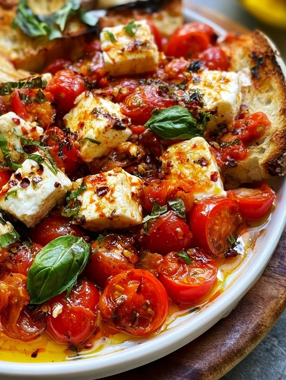 Spicy Tomato Marinated Feta garnished with herbs and served in a bowl