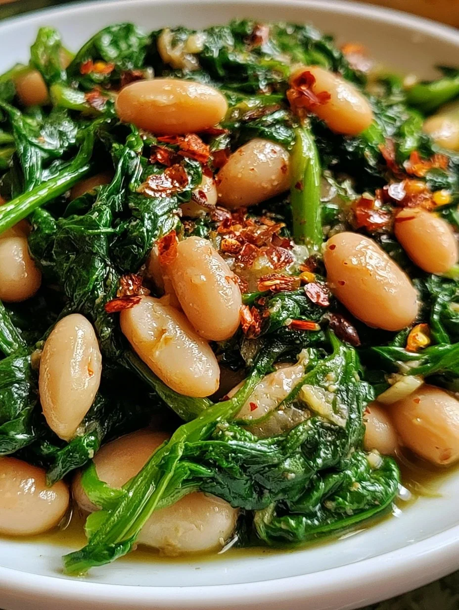 A serving of spinach and white beans salad, showcasing vibrant greens and creamy legumes