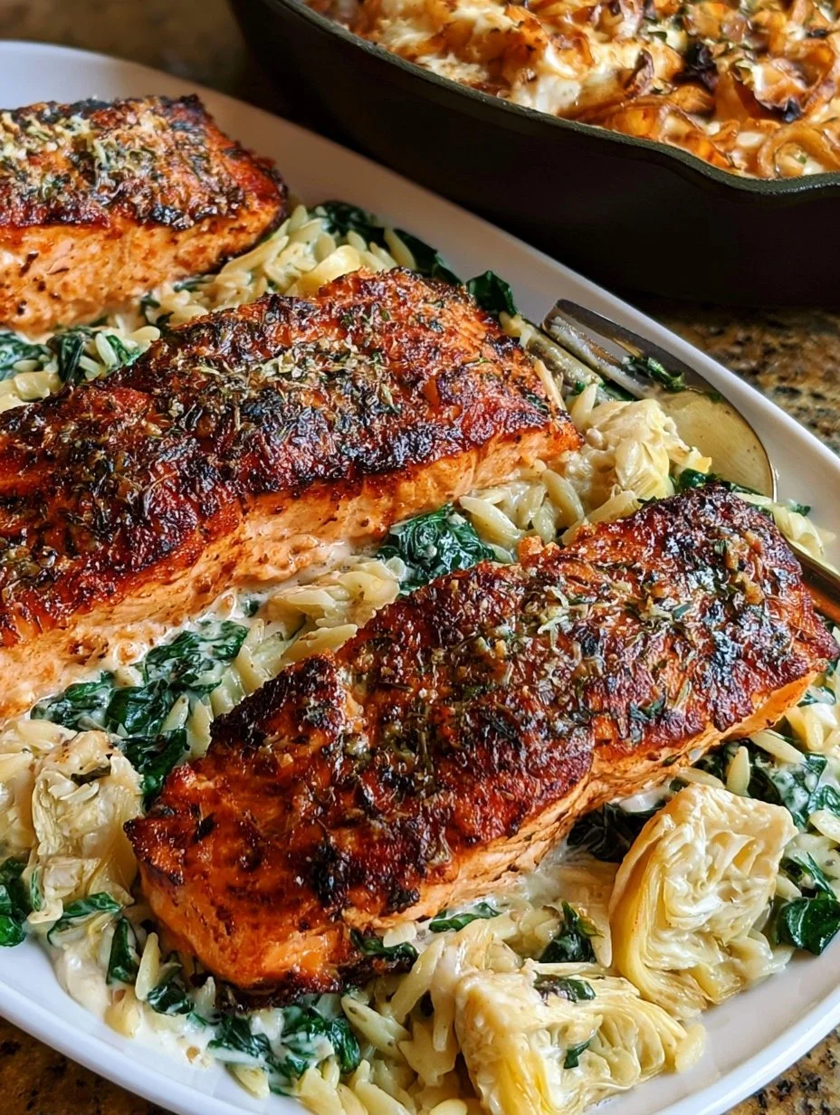 A delicious plate of spinach artichoke salmon garnished with herbs.