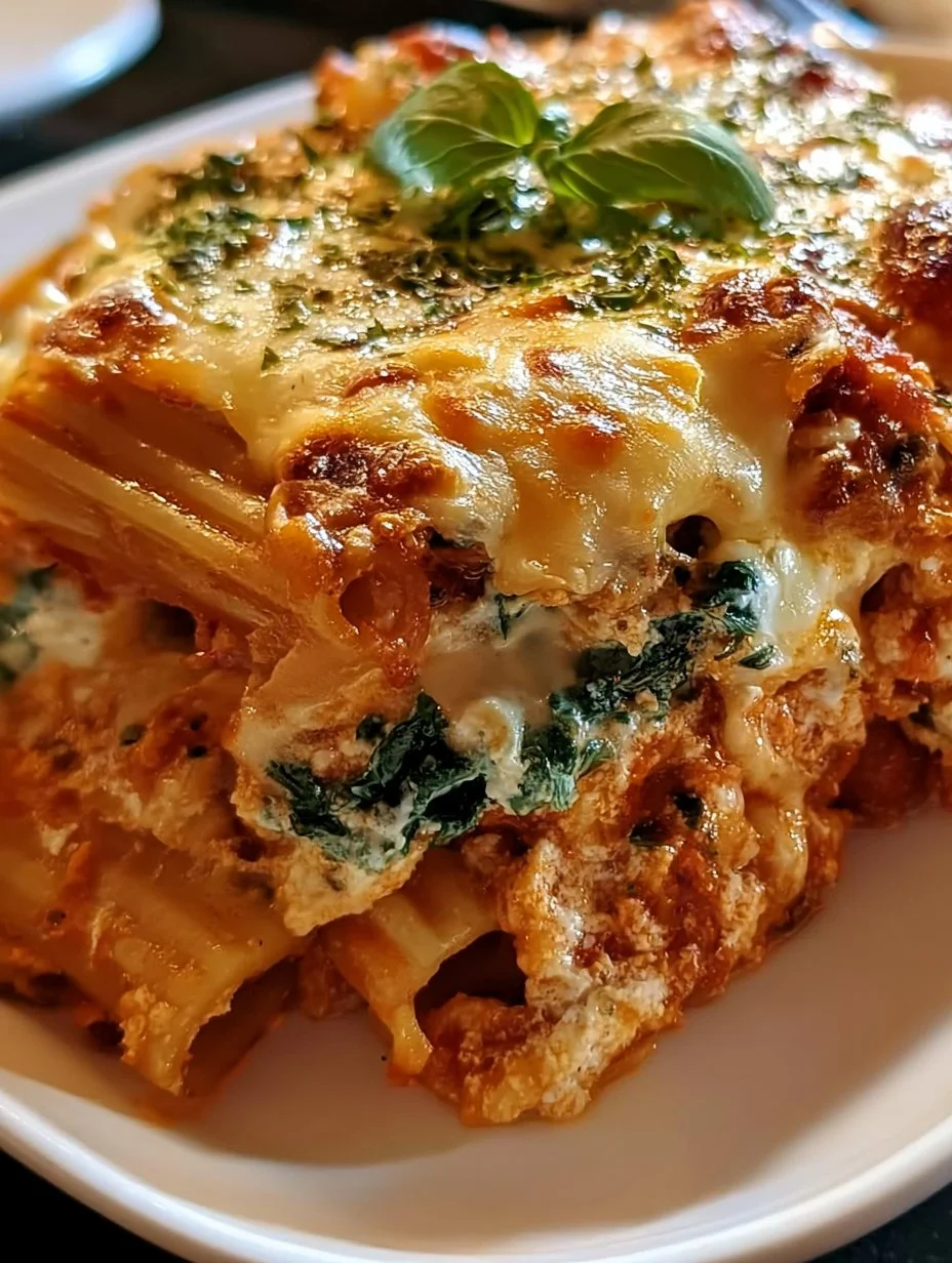 Delicious spinach ricotta pasta bake topped with cheese and herbs