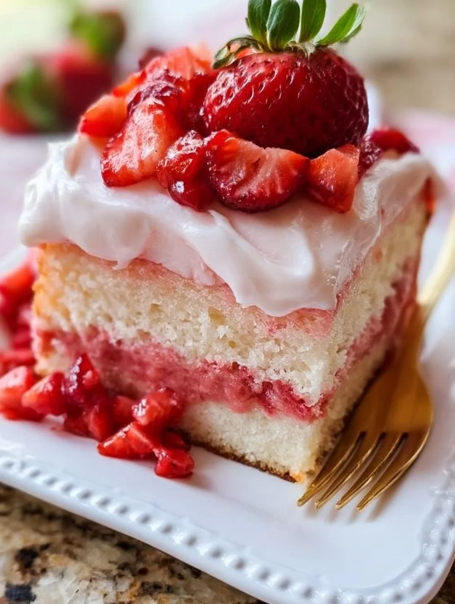Delicious homemade strawberry cake topped with fresh strawberries