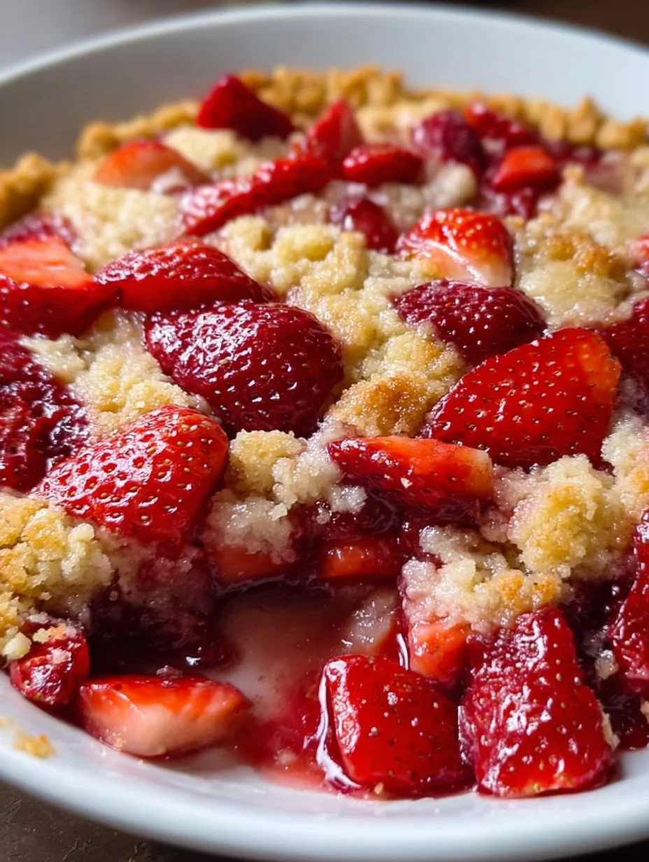 Homemade strawberry cobbler with fresh strawberries and golden crust