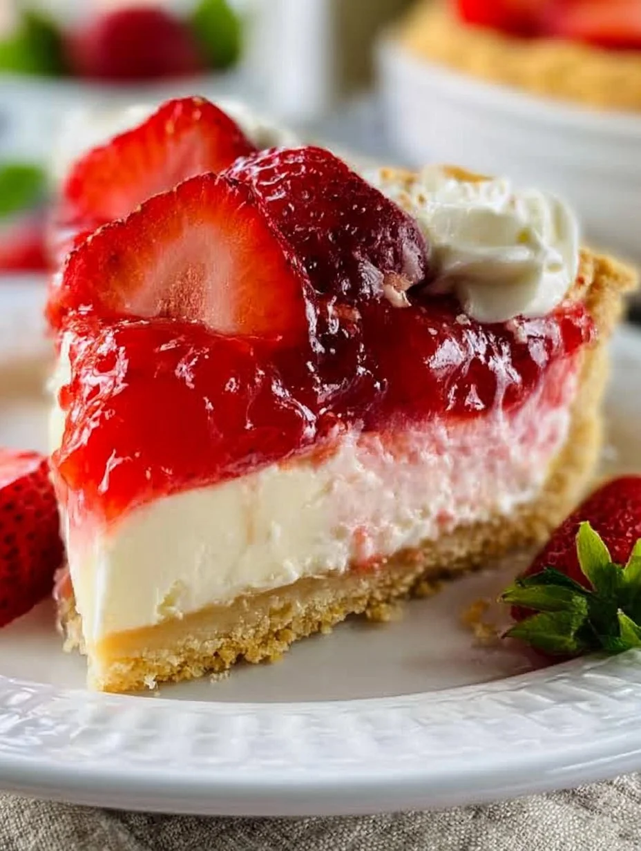 Delicious slice of Strawberry Cream Cheese Pie with fresh strawberries on top