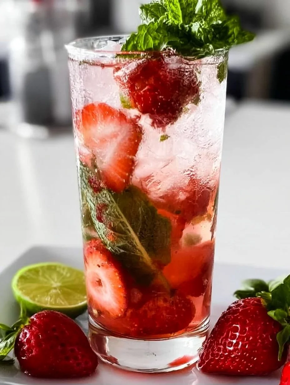 Delicious Strawberry Mojito cocktail garnished with fresh strawberries and mint.