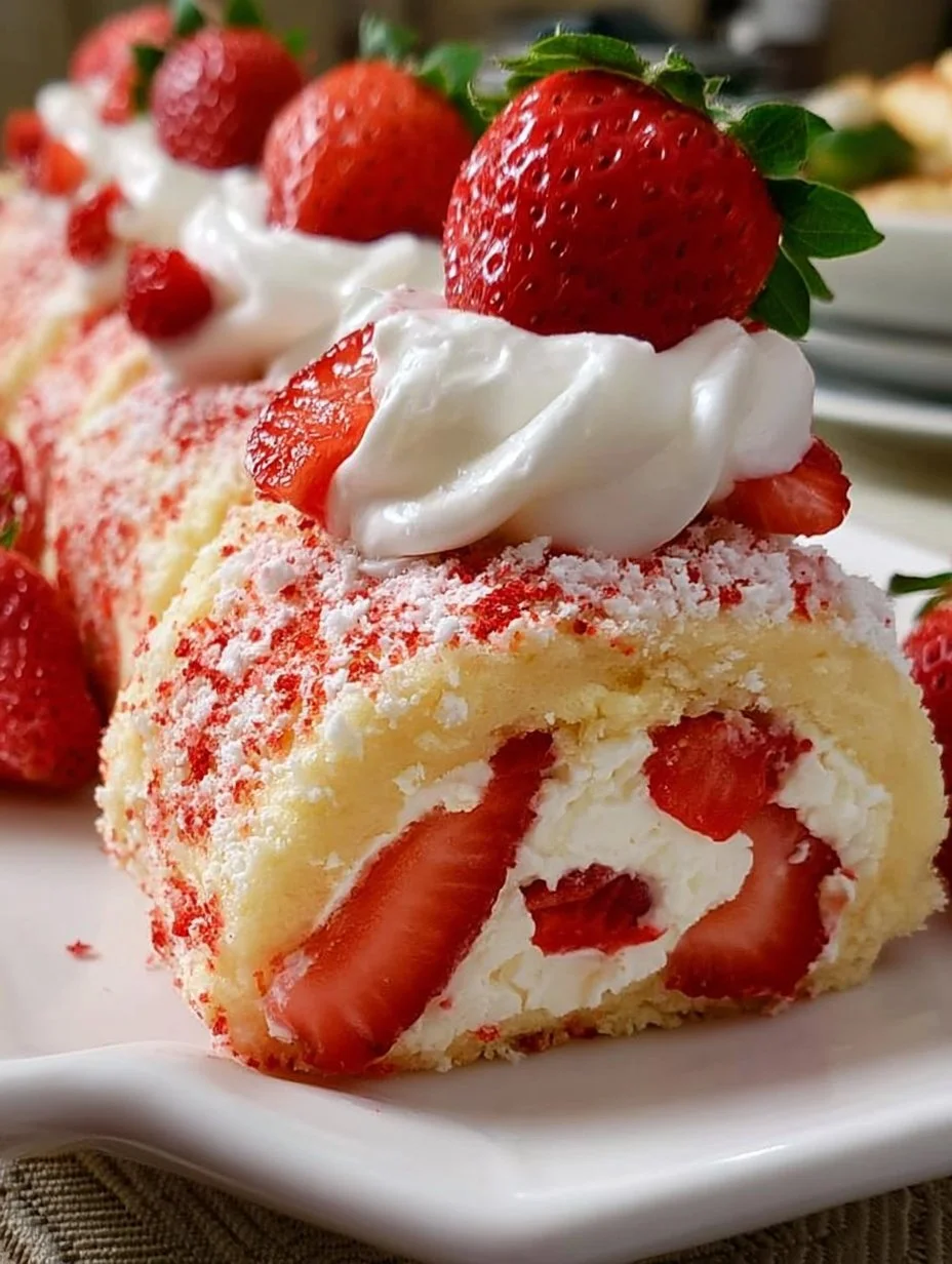 Strawberry shortcake cheesecake rolls served on a plate