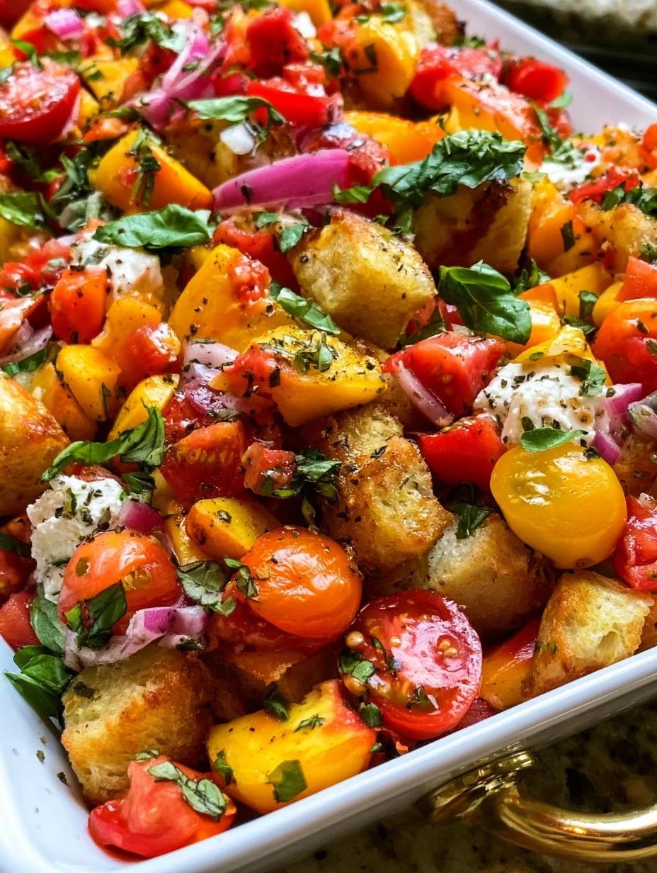 Colorful Summer Panzanella Salad with ripe tomatoes and fresh basil.